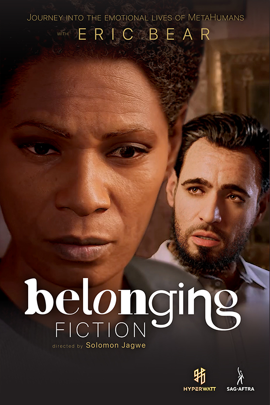 Belonging FICTION Episode Poster, featuring the character Tom, a white man, looking at the character Mrs. Wire, a Black woman.