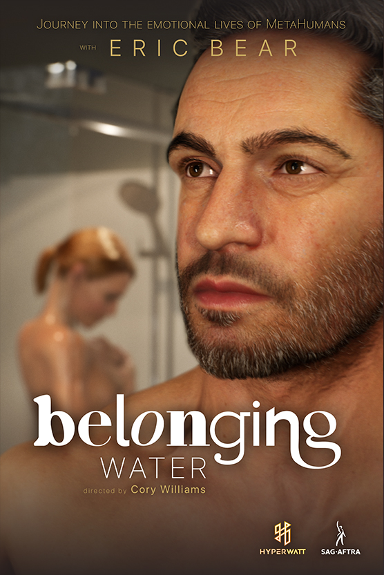 Belonging Water Episode Poster, featuring the character Mark in the foreground and the character Emma showering in the background.