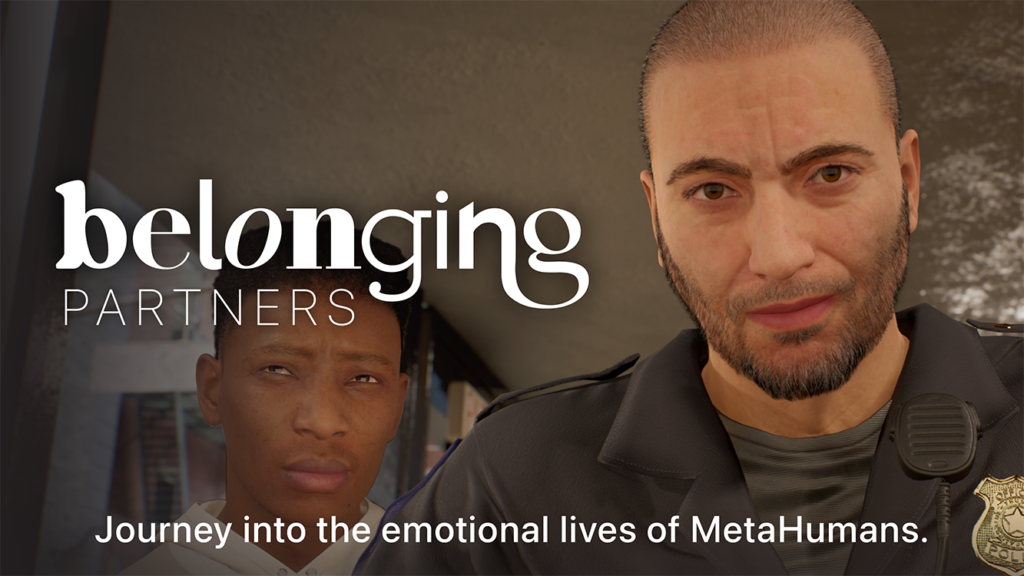 Title card for behind-the-scenes extras for Belonging: PARTNERS, picturing the character Al, a white police officer, and the character Roderick, a Black teenage boy.
