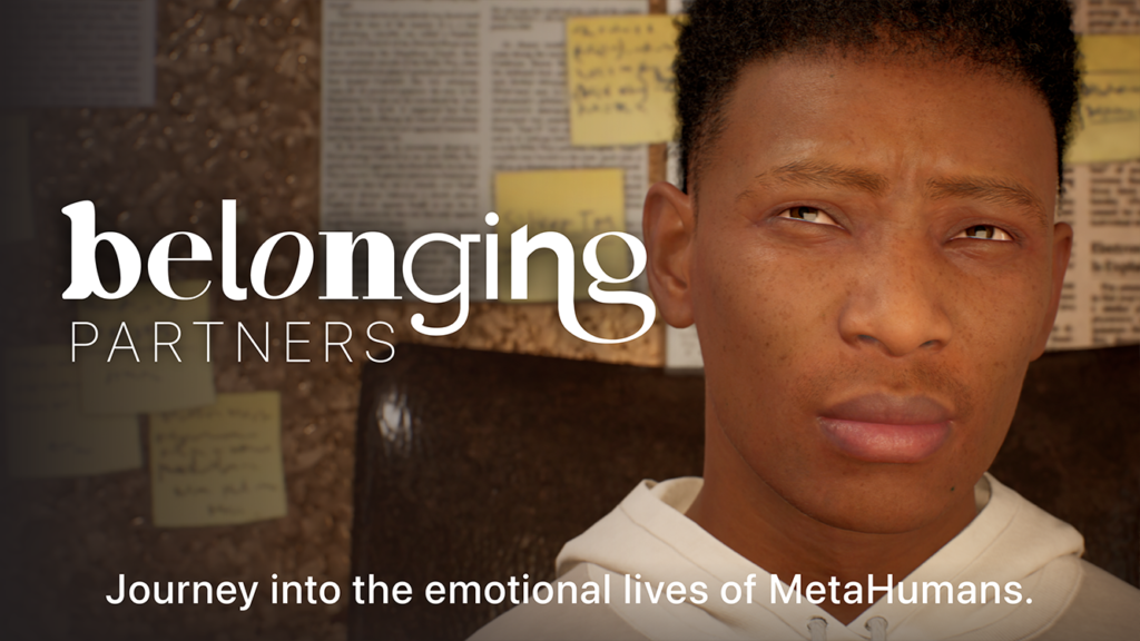 Title card for behind-the-scenes extras for Belonging: PARTNERS, picturing a close-up of a the character Roderick, a Black teenage boy.