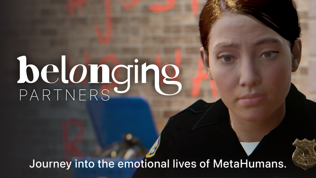 Title card for behind-the-scenes extras for Belonging: PARTNERS, picturing the character Jessica, a white female police officer.