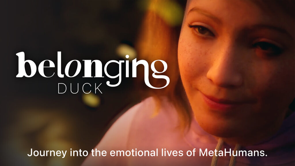 Title card for behind-the-scenes extras for Belonging: DUCK, featuring a young white girl in warm lighting