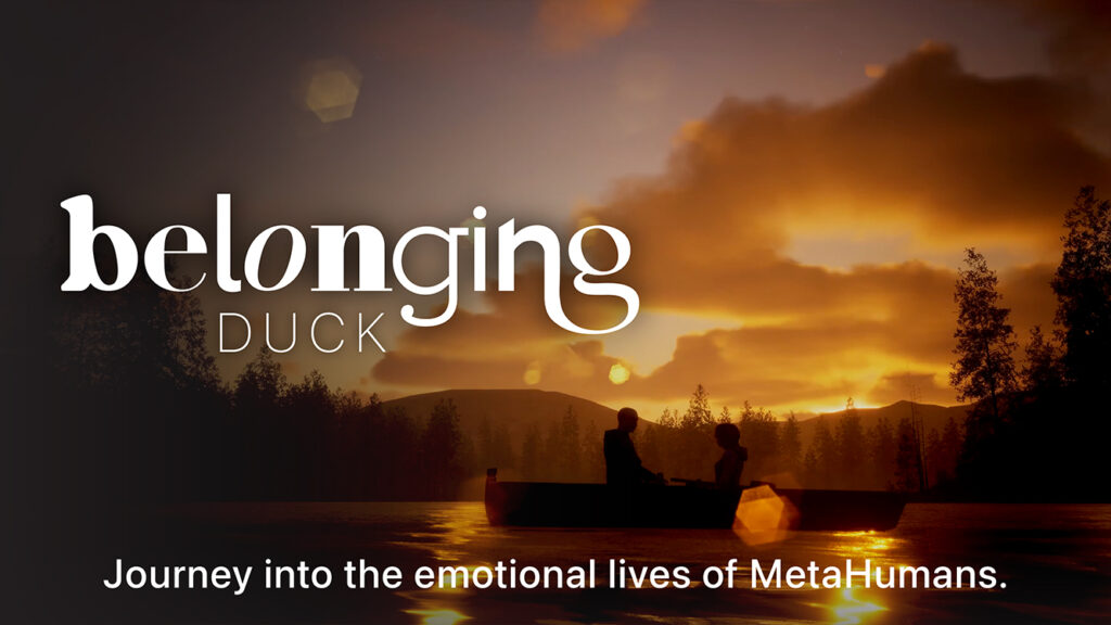 Title card for behind-the-scenes extras for Belonging: WATER, featuring two people on a canoe in the middle of a lake in a forest during sunset