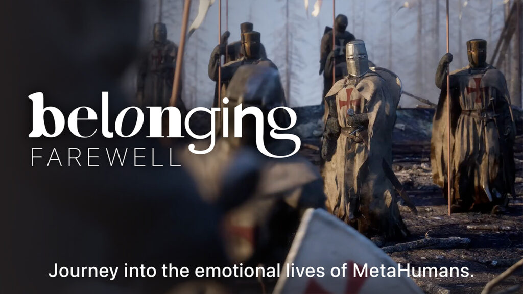 Title card for behind-the-scenes extras for Belonging: FAREWELL, featuring several knights in armor with a red cross emblazened on the front