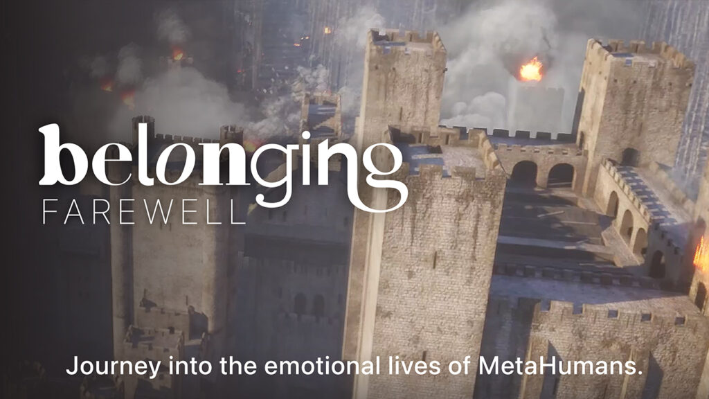 Title card for behind-the-scenes extras for Belonging: FAREWELL, featuring a medieval castle under seige