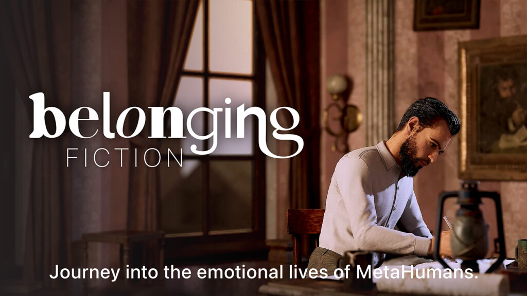 Title card for behind-the-scenes extras for Belonging: FICTION, featuring the character Tom, a middle-aged white man, writing in a house in the French Quarter of New Orleans.