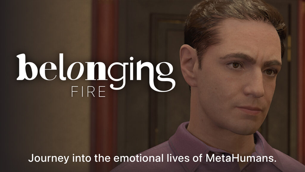 Title card for behind-the-scenes extras for Belonging: FIRE, featuring a young white man in a pink button-up shirt