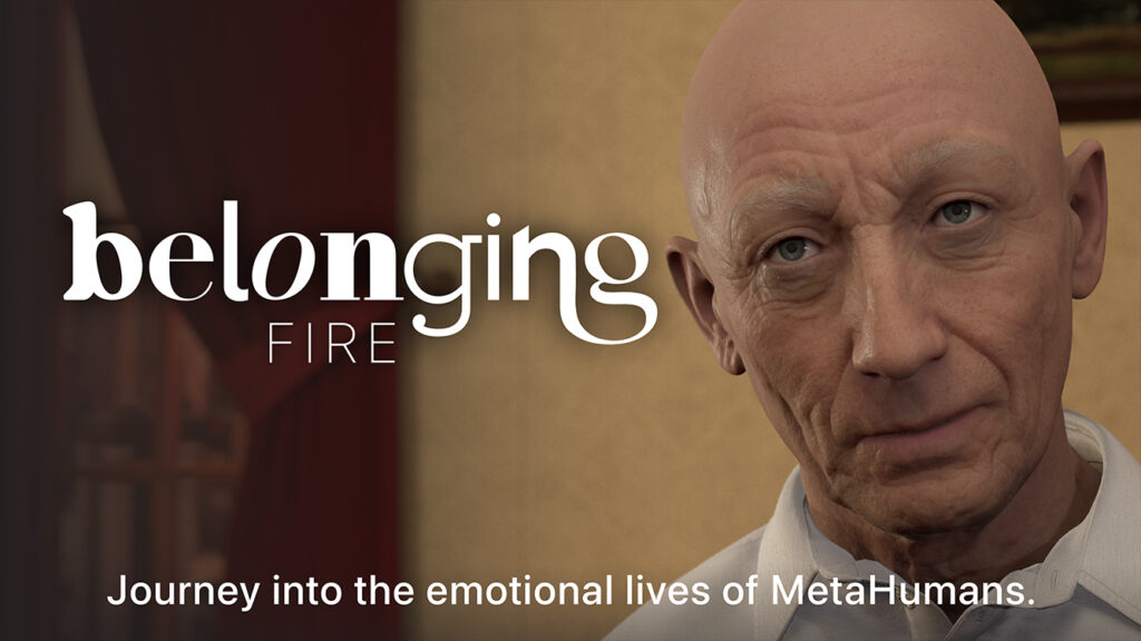 Title card for behind-the-scenes extras for Belonging: FIRE, featuring an old bald man in a white button-up