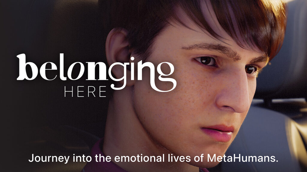 Title card for behind-the-scenes extras for Belonging: HERE, featuring a young white boy in a car