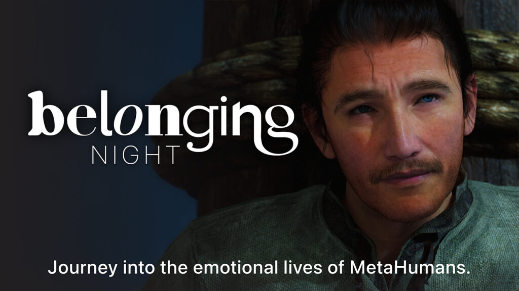Title card for behind-the-scenes extras for Belonging: NIGHT, featuring the character Edmund, a young sailor on a ship looking into the distance at night.
