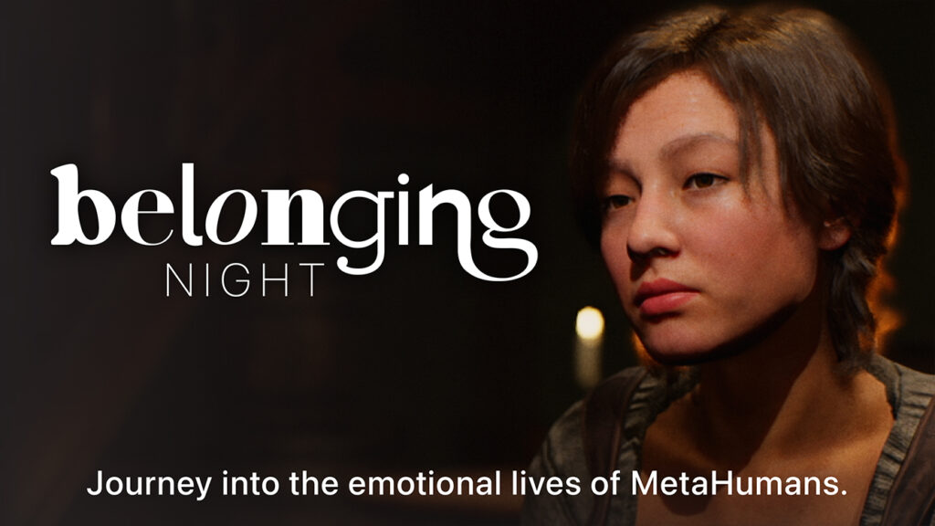 Title card for behind-the-scenes extras for Belonging: NIGHT, featuring the character Cathleen, a young woman with brown hair in a pub at night.