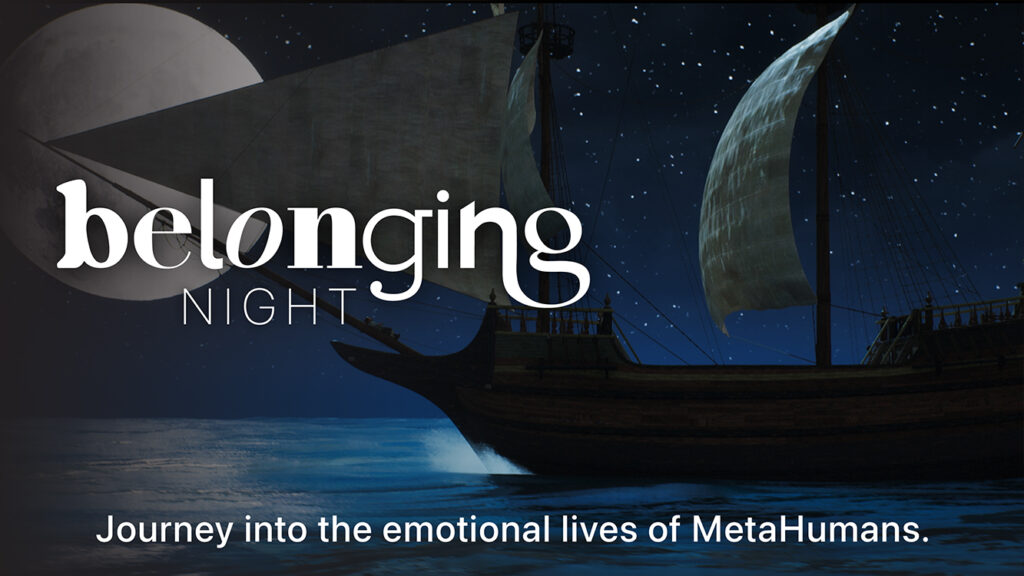 Title card for behind-the-scenes extras for Belonging: NIGHT, featuring a large wooden ship on the water at night.