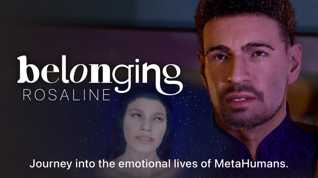 Title card for behind-the-scenes extras for Belonging: ROSALINE, featuring the character Berowne in the foreground and the ethereal face of a woman amongst stars in the background.