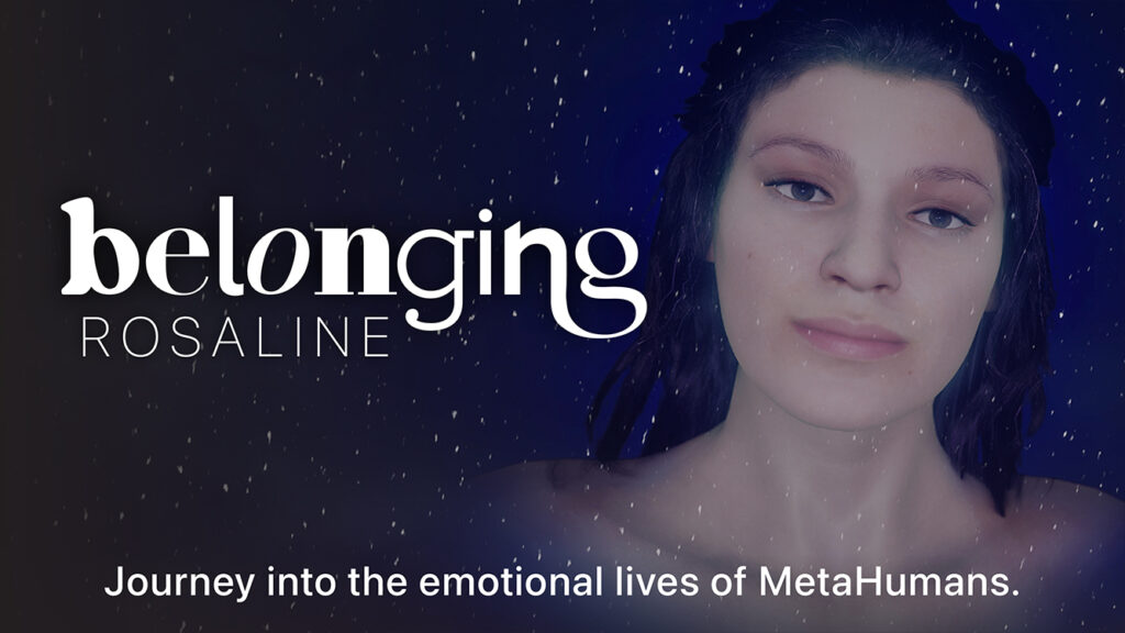 Title card for behind-the-scenes extras for Belonging: ROSALINE, featuring the ethereal face of a woman amongst stars in the background.