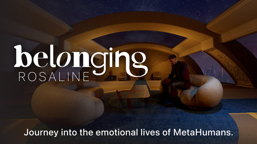 Title card for behind-the-scenes extras for Belonging: ROSALINE, featuring the interior of a spaceship. A man sits on a futuristic coach.