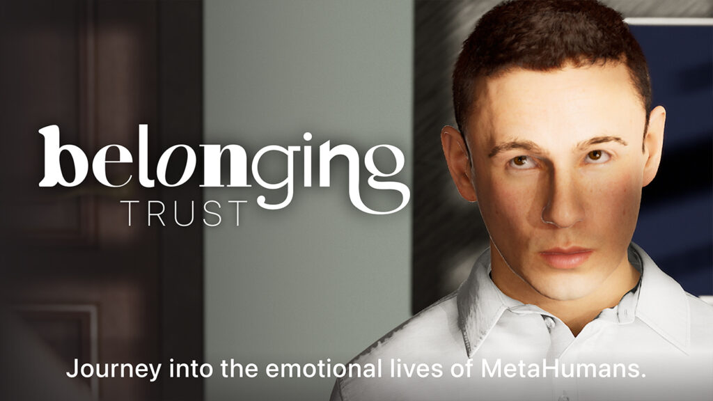 Title card for behind-the-scenes extras for Belonging: TRUST, featuring the character Greg, a young white man, chin down, gaze pointing upward.