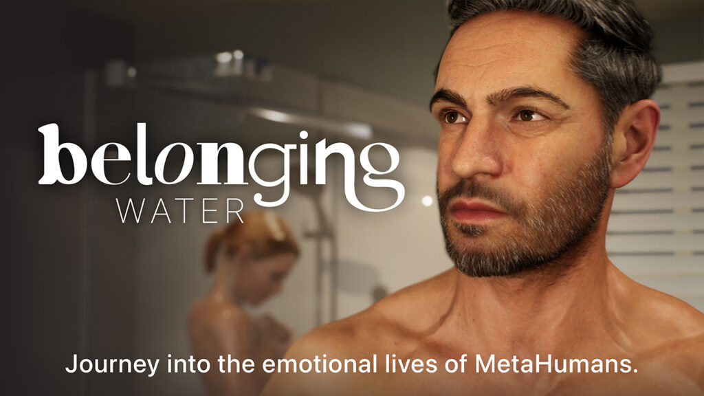 Title card for behind-the-scenes extras for Belonging: WATER, featuring a barechested white man with greying hair and stubble