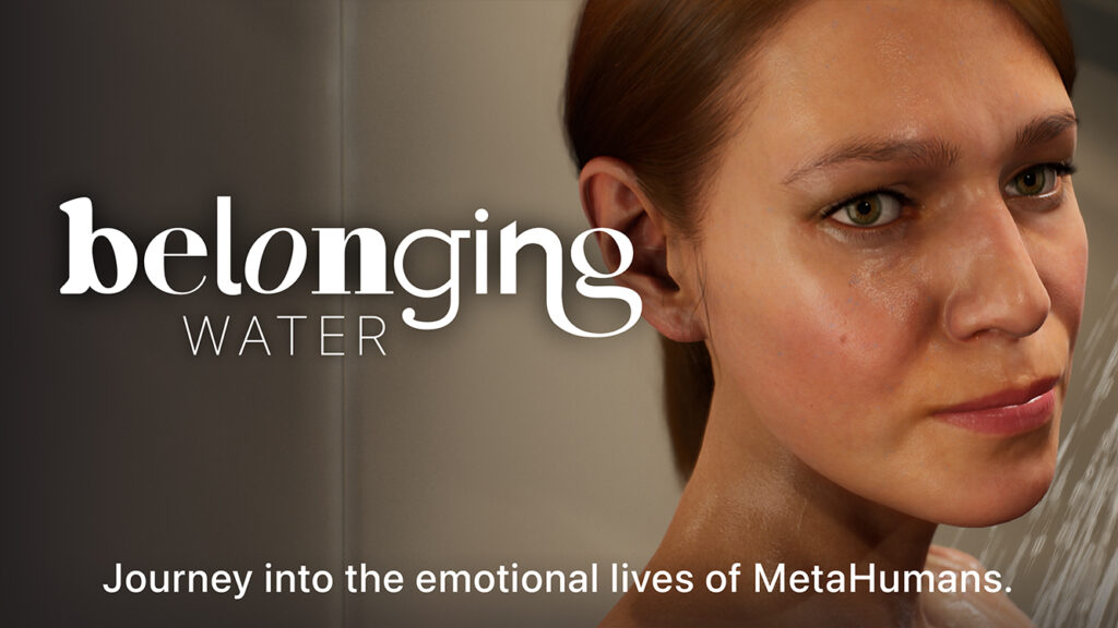 Title card for behind-the-scenes extras for Belonging: WATER, featuring a white woman's face and a shower stream in the background