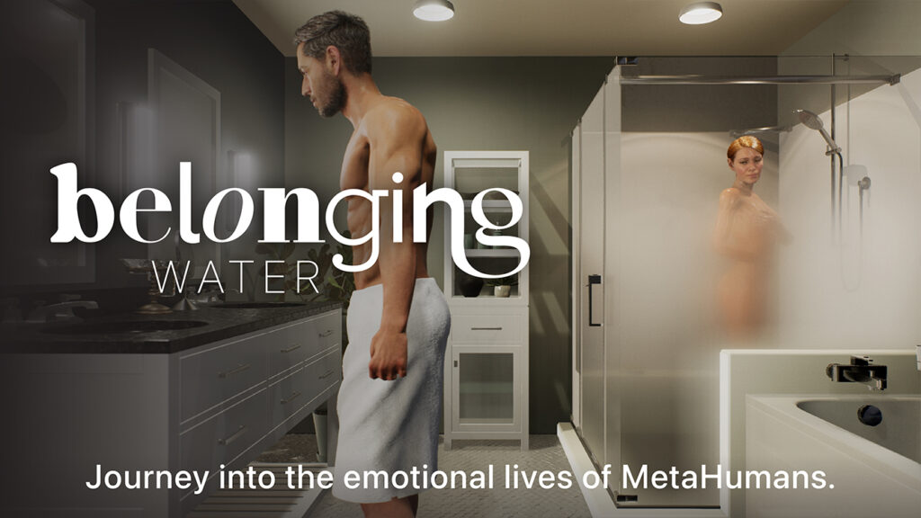 Title card for behind-the-scenes extras for Belonging: WATER, featuring a barechested man with a towel around his waist looks in the bathroom mirror. A blurred out naked woman is showering in the background
