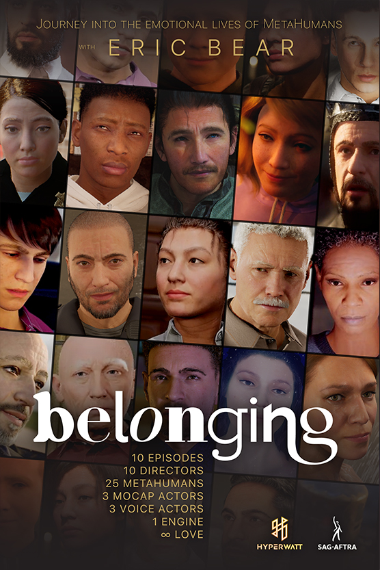 Belonging series poster featuring dozens of faces of the MetaHumans of different races, genders, ages, and backgrounds