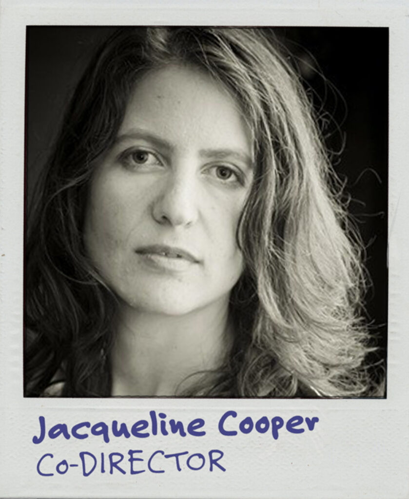 A black-and-white portrait of a white woman with shoulder-length hair. The text below reads: Jacqueline Cooper. Director.