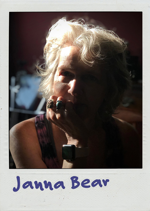 Portrait of an older white woman with short, grey hair, resting her chin on her palm. The text below reads: Janna Bear