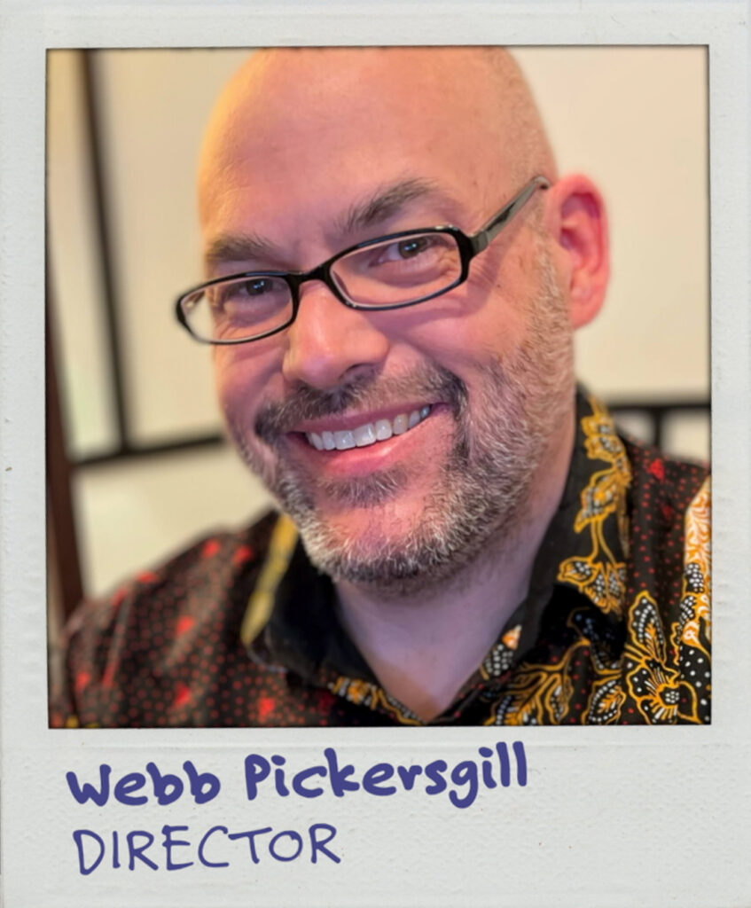 A portrait of a white man with a bald head, glasses, and a floral shirt. The text below reads: Webb Pickersgill. Director.